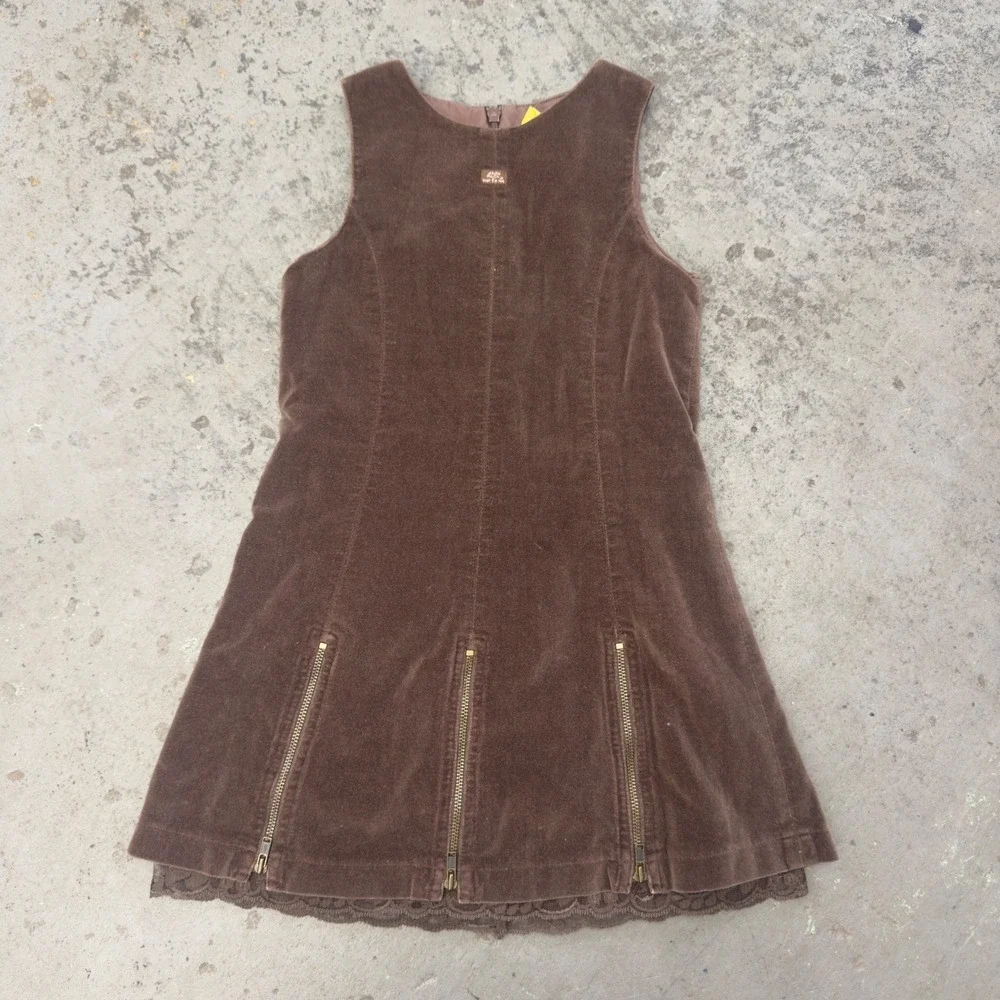 Lili Gaufrette Girls Brown Corduroy Lace Hem Zipper Jumper Dress Size 6 Years